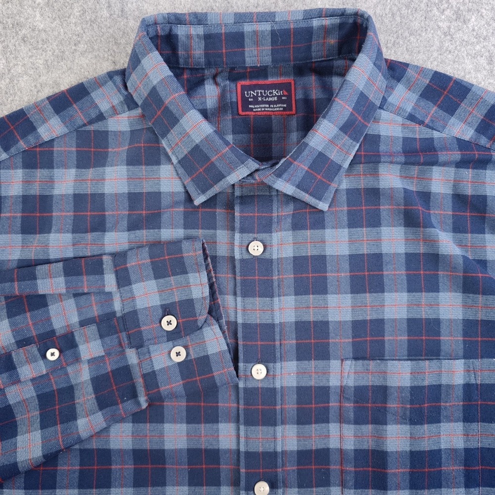 Untuckit Shirt Mens XL Long Sleeve Button Up‎ Blue Red Plaid Provenzani Poly